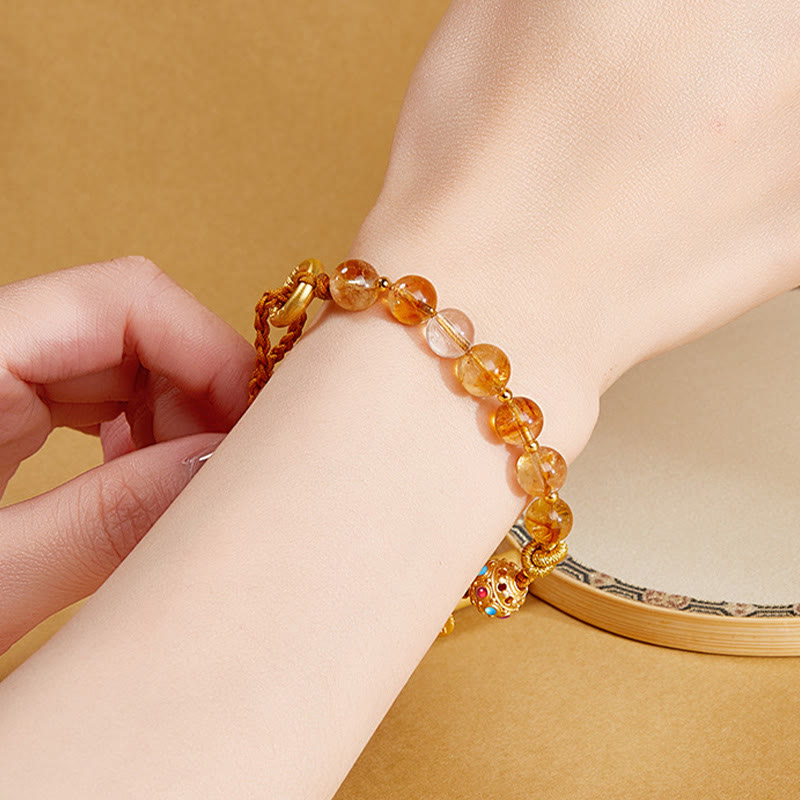 Buddha Stones 925 Sterling Silver Natural Citrine White Crystal Peace Buckle Meaning Fu Character Protection Braided String Bracelet