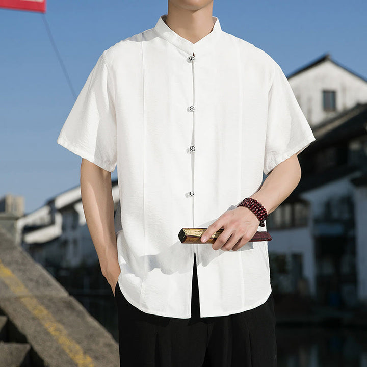 Buddha Stones Summer Solid Color Front Button Design Men's Half Sleeve Cotton Shirt - White - US/UK/AU42,EU52 (3XL) - image 1
