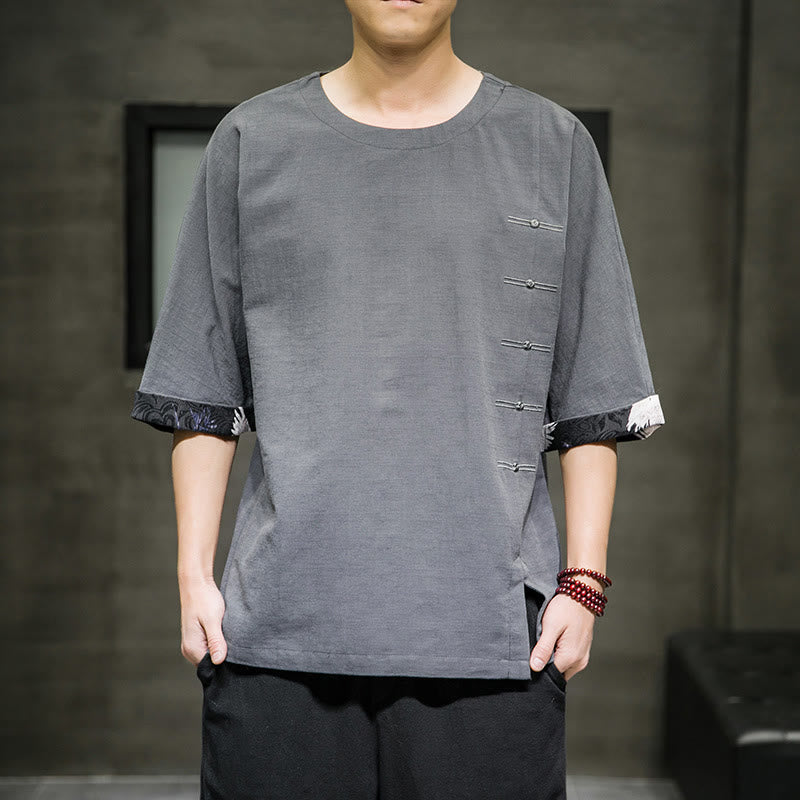 Buddha Stones Summer Retro Solid Color Patchwork Design Men's Three Quarter Sleeve Cotton Linen T-Shirt - LightSlateGray - US/UK/AU46,EU56 (5XL) - image 15
