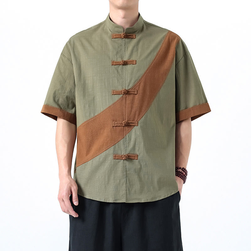 Buddha Stones Spring Color Contrast Chinese Frog-Button Design Men's Half Sleeve Cotton Linen Shirt - DarkSeaGreen - US/UK/AU46,EU56 (5XL) - image 11