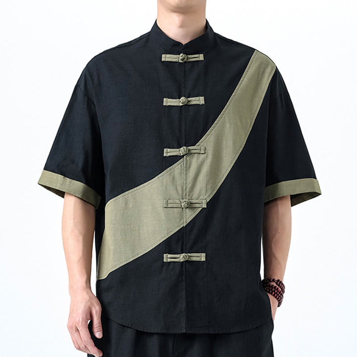 Buddha Stones Spring Color Contrast Chinese Frog-Button Design Men's Half Sleeve Cotton Linen Shirt - Black With DarkSeaGreen - US/UK/AU46,EU56 (5XL) - image 1