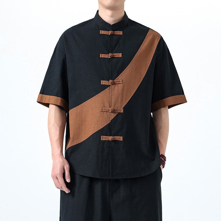 Buddha Stones Spring Color Contrast Chinese Frog-Button Design Men's Half Sleeve Cotton Linen Shirt - Black With Peru - US/UK/AU46,EU56 (5XL) - image 29