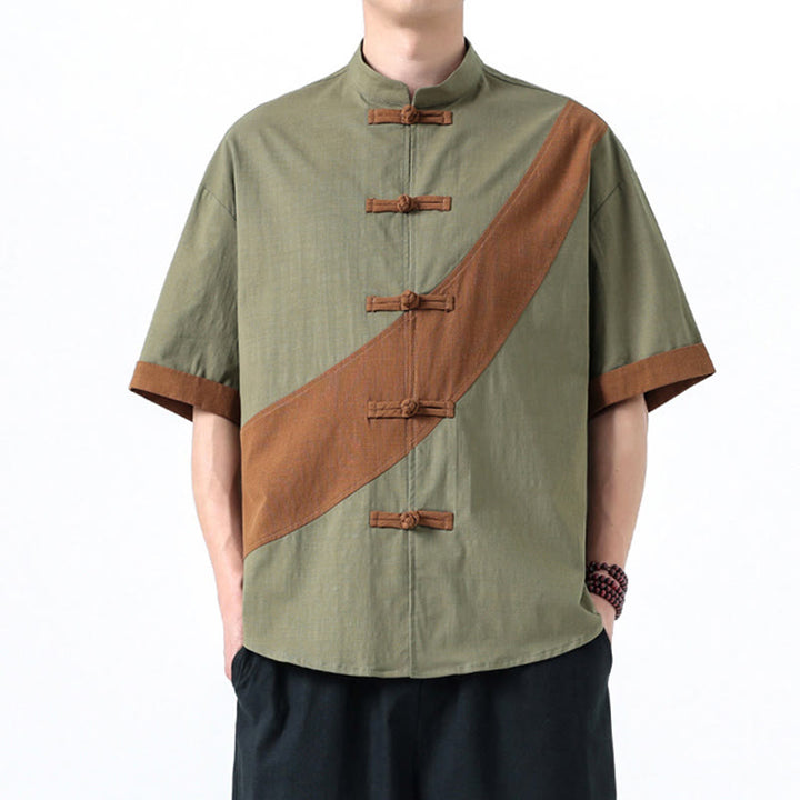 Buddha Stones Spring Color Contrast Chinese Frog-Button Design Men's Half Sleeve Cotton Linen Shirt - image 13