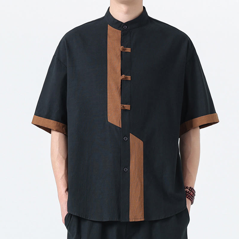 Buddha Stones Casual Color Matching Chinese Frog-Button Design Tang Suit Men's Half Sleeve Cotton Linen Shirt - Black With Peru - US/UK/AU46,EU56 (5XL) - image 1