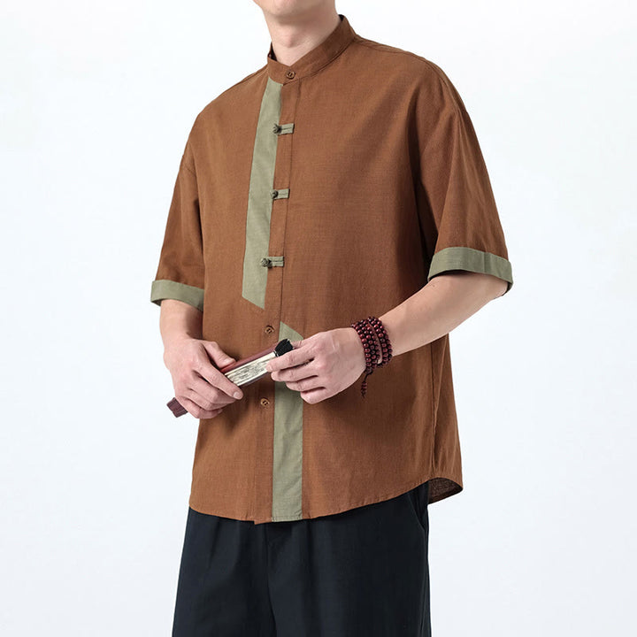 Buddha Stones Casual Color Matching Chinese Frog-Button Design Tang Suit Men's Half Sleeve Cotton Linen Shirt - Peru - US/UK/AU46,EU56 (5XL) - image 15