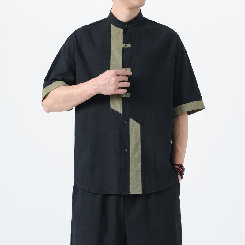 Buddha Stones Casual Color Matching Chinese Frog-Button Design Tang Suit Men's Half Sleeve Cotton Linen Shirt - Black With DarkSeaGreen - US/UK/AU46,EU56 (5XL) - image 20