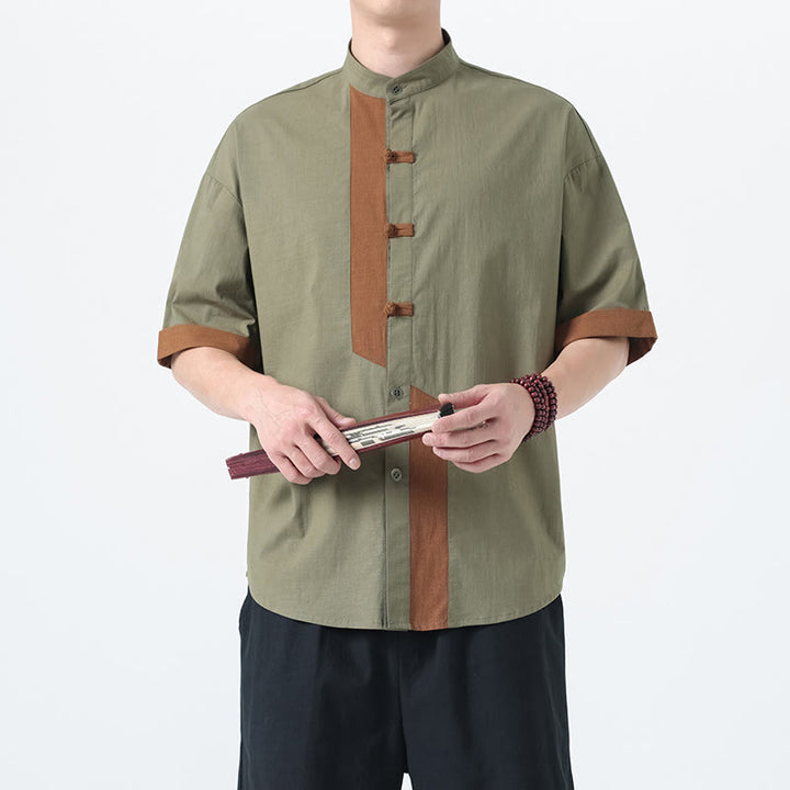 Buddha Stones Casual Color Matching Chinese Frog-Button Design Tang Suit Men's Half Sleeve Cotton Linen Shirt - DarkSeaGreen - US/UK/AU46,EU56 (5XL) - image 8