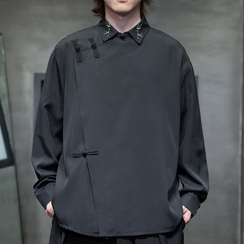 Buddha Stones Vintage Pure Color Chinese Frog-Button Design Embroidery Lapel Men's Long Sleeve Shirt - Black - US/UK/AU46,EU56 (5XL) - image 0