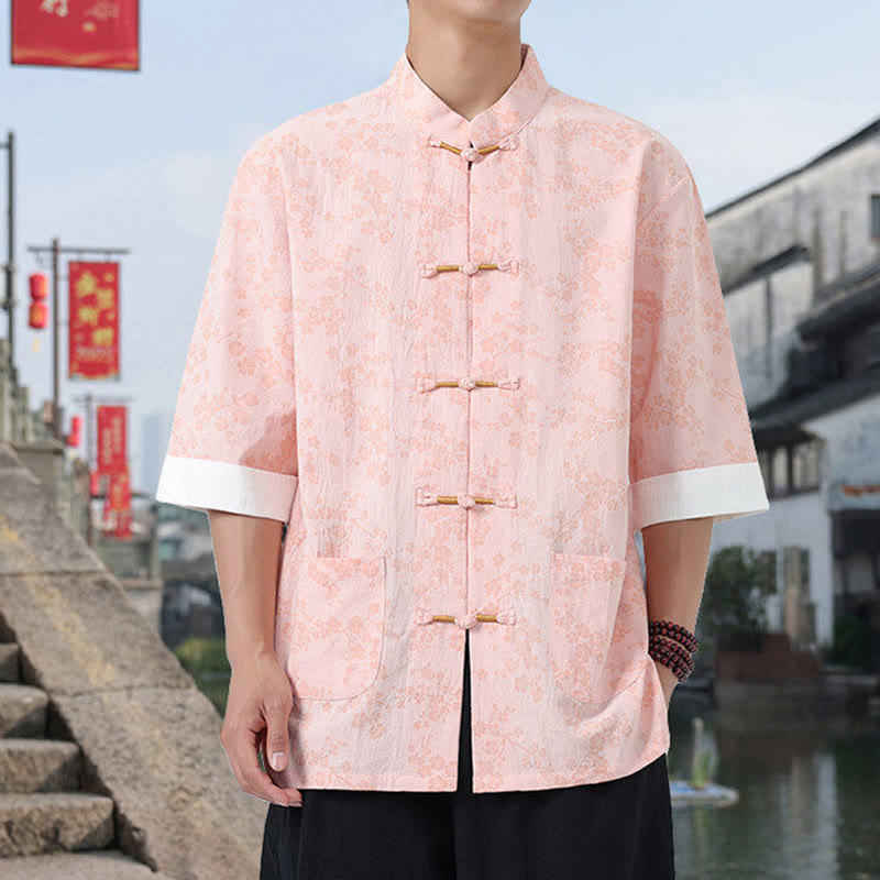 Buddha Stones Retro Printing Flower Pattern Frog-Button Design Stand Collar Men's Half Sleeve Cotton Shirt With Pockets - Pink - US/UK/AU46,EU56 (5XL) - image 11