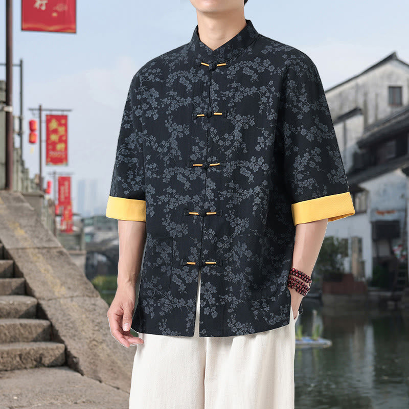 Buddha Stones Retro Printing Flower Pattern Frog-Button Design Stand Collar Men's Half Sleeve Cotton Shirt With Pockets - Black - US/UK/AU46,EU56 (5XL) - image 0