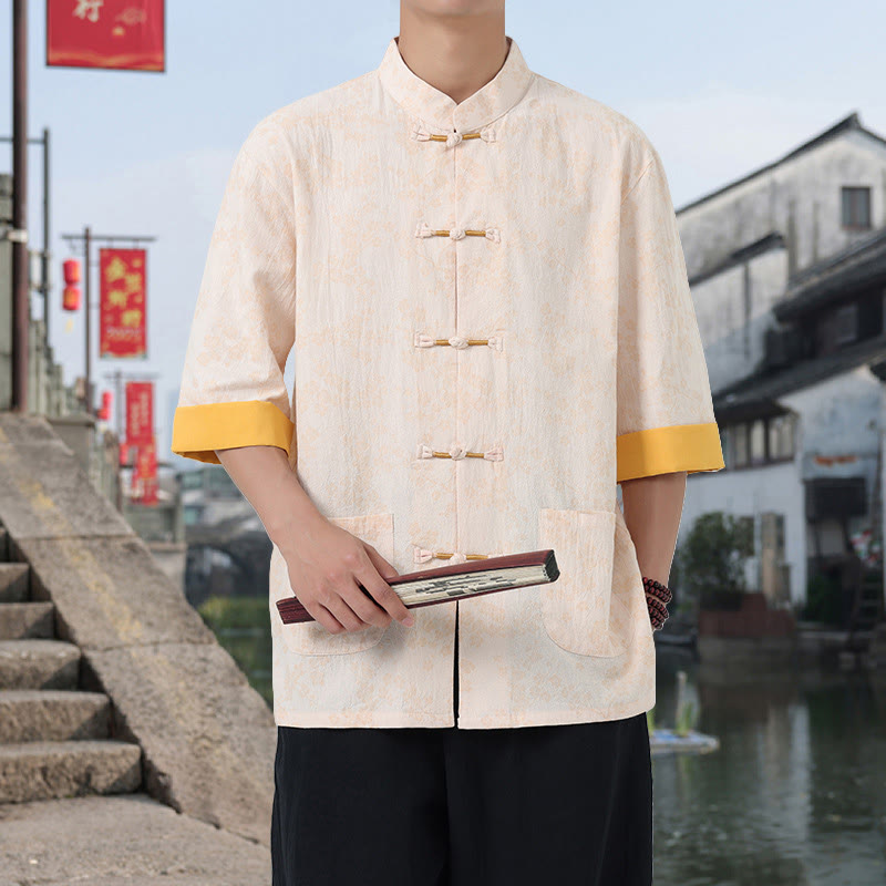 Buddha Stones Retro Printing Flower Pattern Frog-Button Design Stand Collar Men's Half Sleeve Cotton Shirt With Pockets - PapayaWhip - US/UK/AU46,EU56 (5XL) - image 14