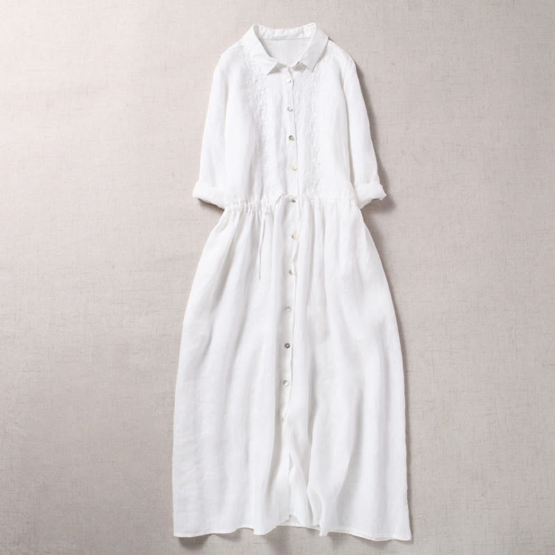 Buddha Stones Fall Vintage Embroidery Button Drawstring Design Cotton Linen Long Sleeve Midi Dress With Pockets - White - US8-10,UK/AU12-14,EU40-42 (2XL) - image 13