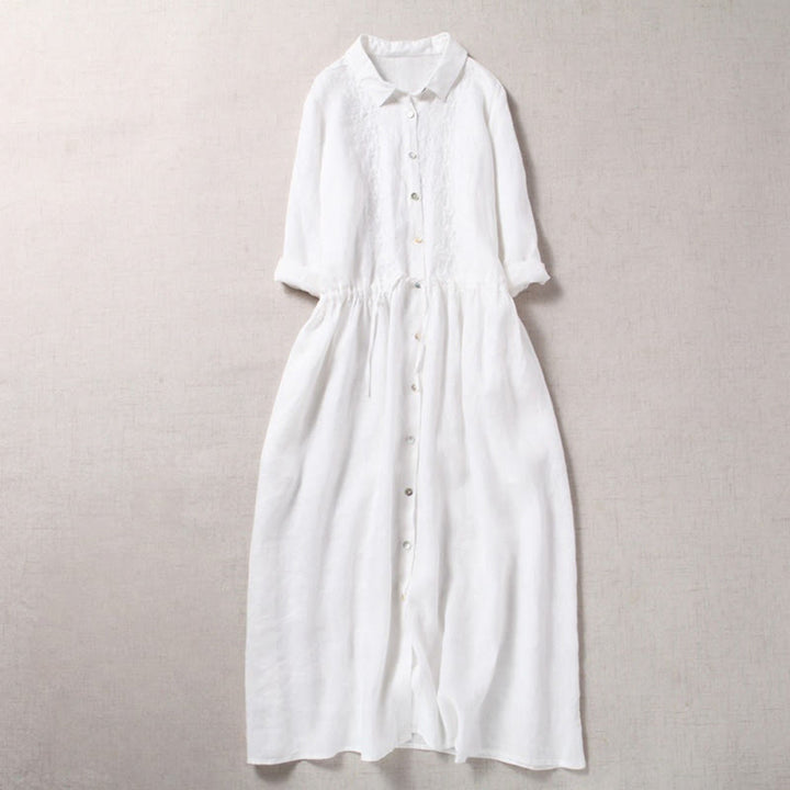 Buddha Stones Fall Vintage Embroidery Button Drawstring Design Cotton Linen Long Sleeve Midi Dress With Pockets - White - US8-10,UK/AU12-14,EU40-42 (2XL) - image 13