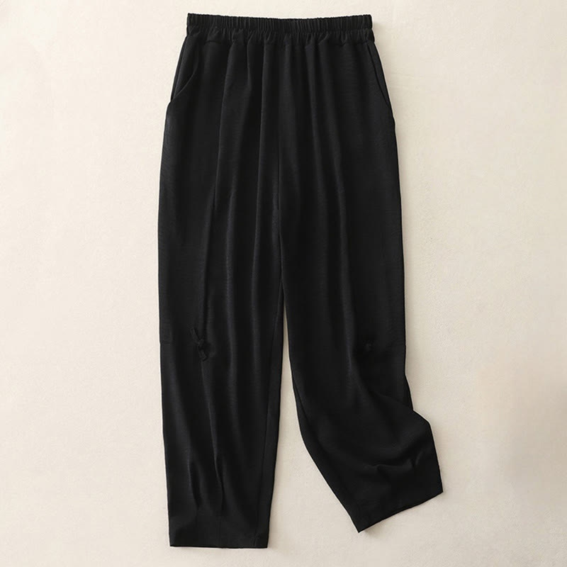 Buddha Stones Commute Casual Plain Frog-Button Design Women's Harem Cotton Linen 7-8 Length Pants With Pockets - Black - US8-10,UK/AU12-14,EU40-42 (2XL) - image 9