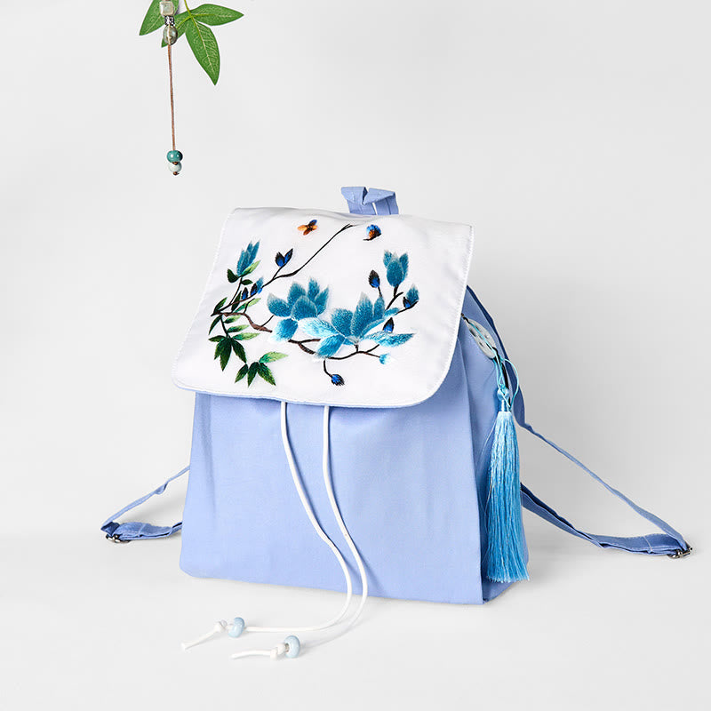 Buddha Stones Handmade Blue Magnolia Embroidered Large Capacity Canvas Backpack