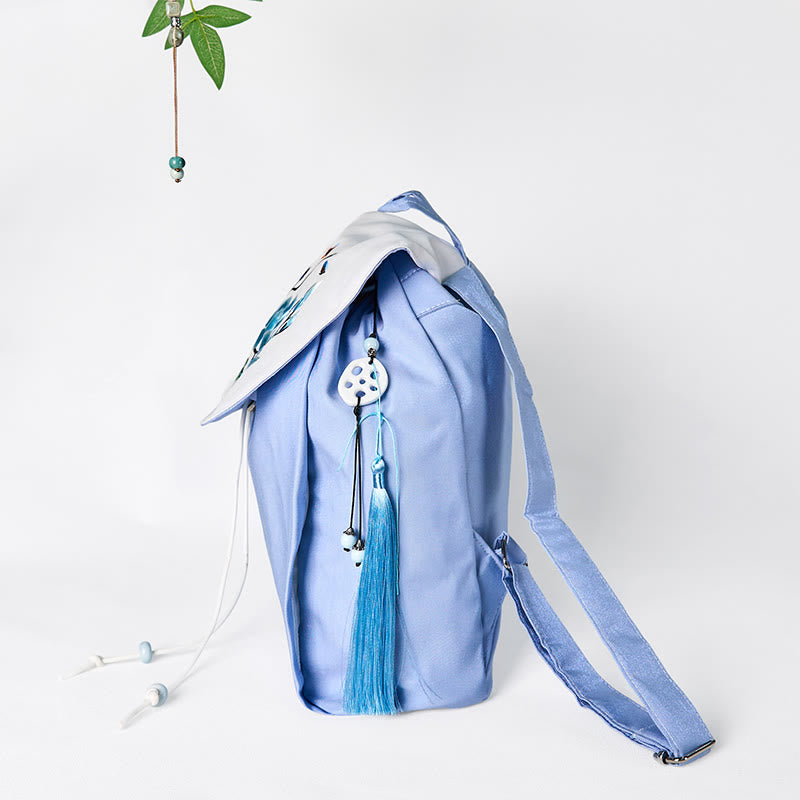 Buddha Stones Handmade Blue Magnolia Embroidered Large Capacity Canvas Backpack