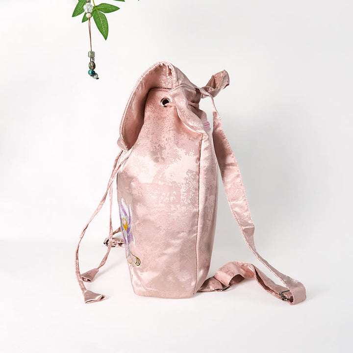 Buddha Stones Handmade Pink Lotus Embroidered Large Capacity Polyester Cotton Backpack