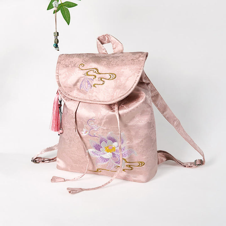 Buddha Stones Handmade Pink Lotus Embroidered Large Capacity Polyester Cotton Backpack
