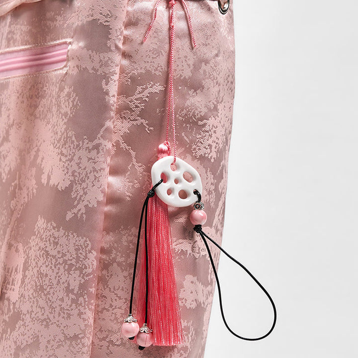 Buddha Stones Handmade Pink Lotus Embroidered Large Capacity Polyester Cotton Backpack