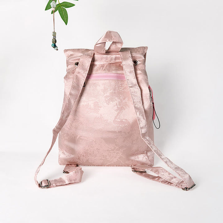 Buddha Stones Handmade Pink Lotus Embroidered Large Capacity Polyester Cotton Backpack
