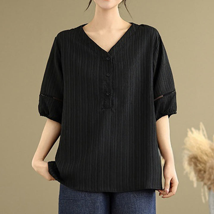 Buddha Stones Casual Plain Button V-Neck Women's Polyester Short Sleeve Shirt - Black - US8-10,UK/AU12-14,EU40-42 (2XL) - image 12