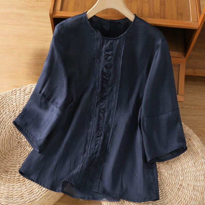 Buddha Stones Casual Pure Color Crew Neck Women's Cotton Linen Three Quarter Sleeve Shirt - MidnightBlue - US8-10,UK/AU12-14,EU40-42 (2XL) - image 0