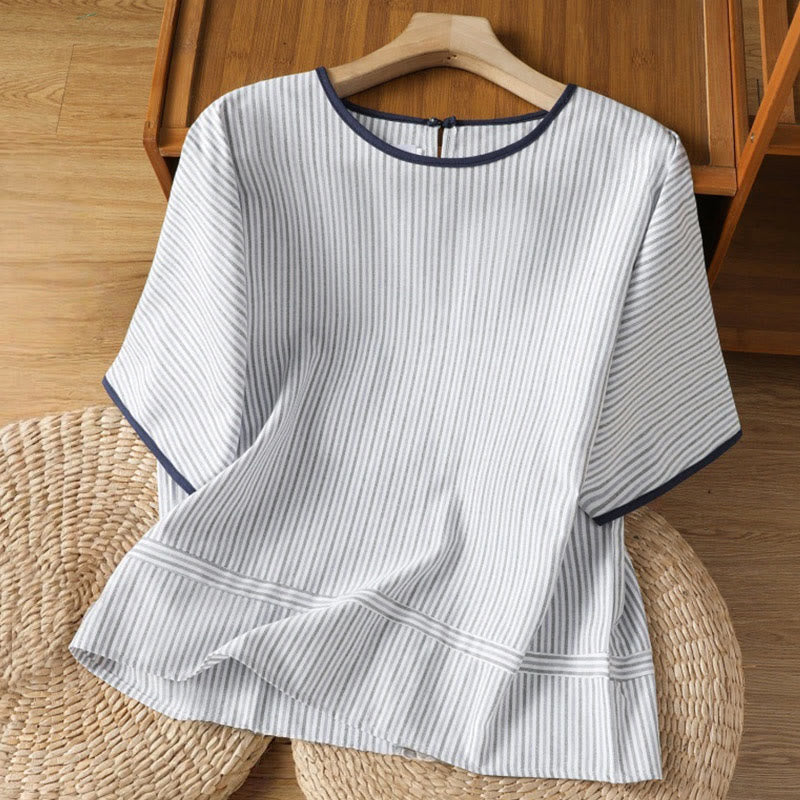 Buddha Stones Pullover Stripes Crew Neck Design Women's Cotton Short Sleeves Shirt - LightBlue - US8-10,UK/AU12-14,EU40-42 (2XL) - image 1