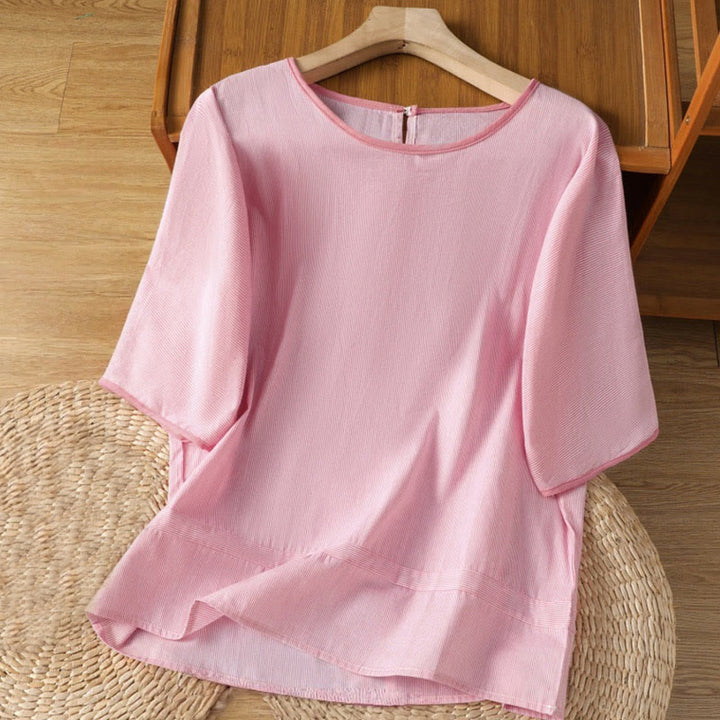Buddha Stones Pullover Stripes Crew Neck Design Women's Cotton Short Sleeves Shirt - LightPink - US8-10,UK/AU12-14,EU40-42 (2XL) - image 7