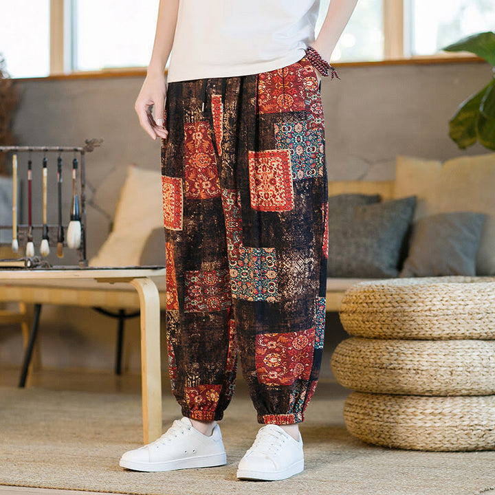 Buddha Stones Summer Square Patchwork Cotton Linen Men's Ankle-Length Harem Pants With Pockets - RosyBrown - US/UK/AU46,EU56 (5XL) - image 0