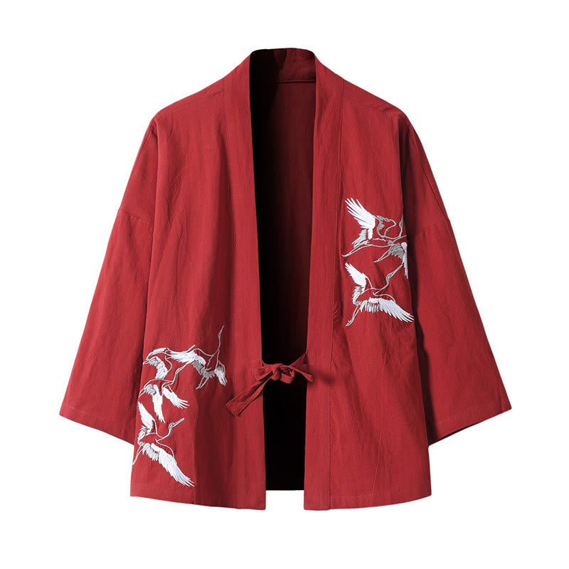 Buddha Stones Embroidery Flying White Cranes Cotton Linen Open Front Jacket Men's Kimono - Red - US/UK/AU46,EU56 (5XL) - image 2