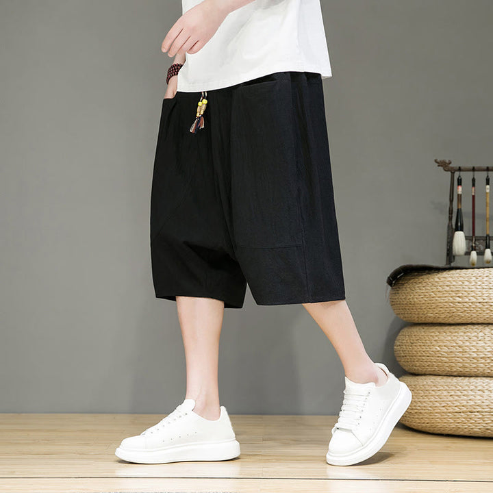 Buddha Stones Casual Drawstring Cotton Linen Men's Capri Harem Pants With Pockets - Black - US/UK/AU46,EU56 (5XL) - image 13