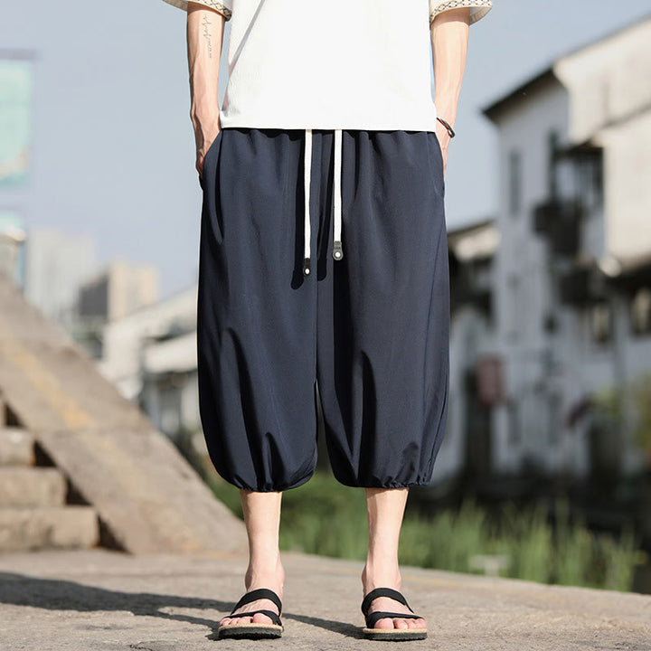 Buddha Stones Solid Drawstring Men's Capri Cropped Harem Pants With Pockets - SteelBlue - US/UK/AU46,EU56 (5XL) - image 1