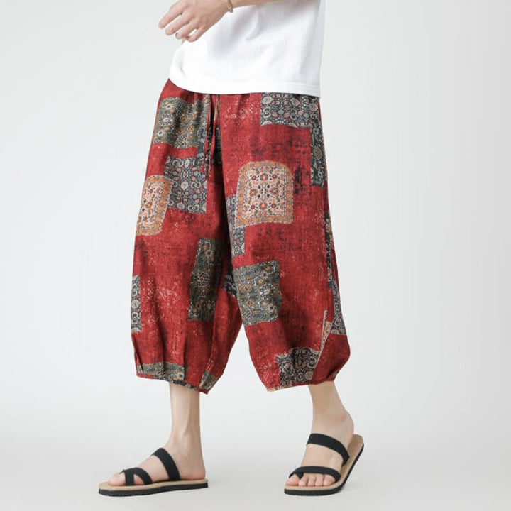 Buddha Stones Summer Square Patchwork Elephant Mandala Geometry Cotton Linen Men's 7-8 Length Pants With Pockets - Red - US/UK/AU46,EU56 (5XL) - image 1