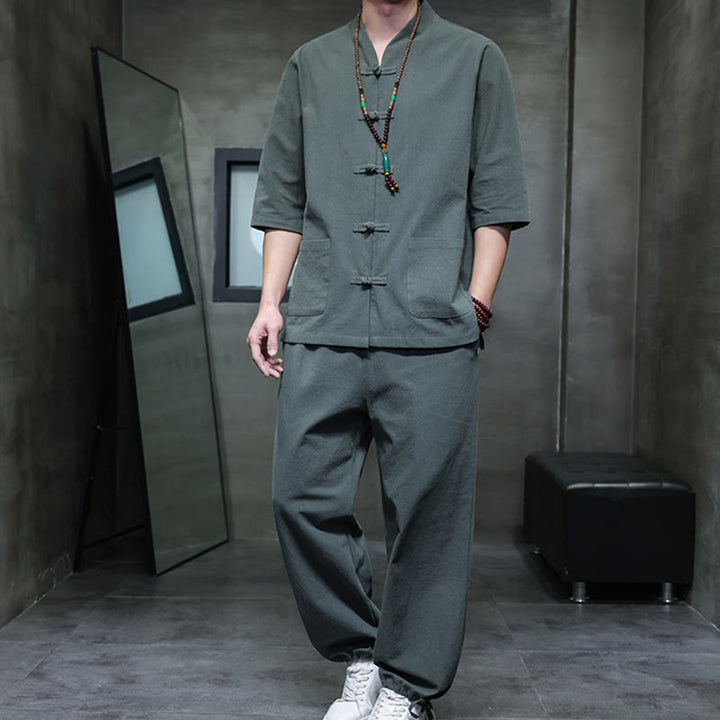 Buddha Stones 2Pcs Tang Suit Frog-Button Design Shirt Pants With Pockets Men's Cotton Linen Meditation Cloth Set - CadetBlue - US/UK/AU46,EU56 (5XL) - image 0