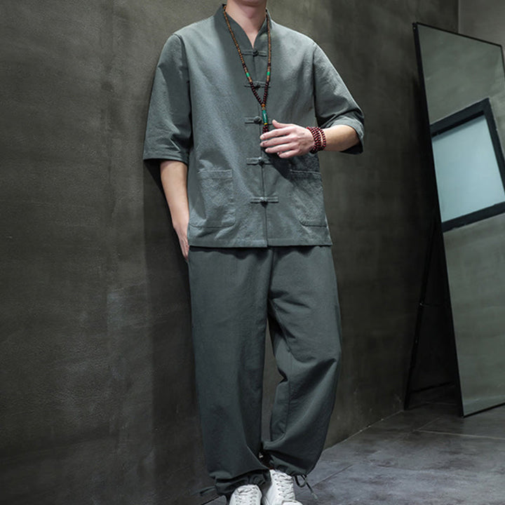 Buddha Stones 2Pcs Tang Suit Frog-Button Design Shirt Pants With Pockets Men's Cotton Linen Meditation Cloth Set - image 3