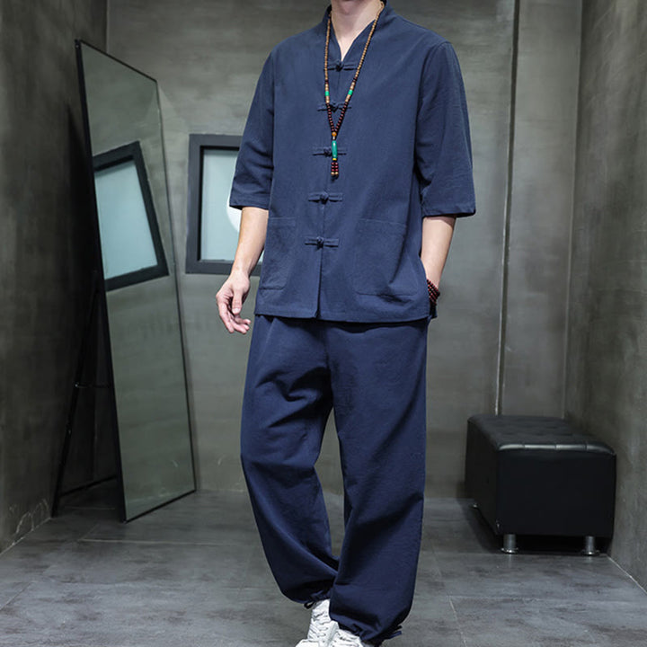 Buddha Stones 2Pcs Tang Suit Frog-Button Design Shirt Pants With Pockets Men's Cotton Linen Meditation Cloth Set - SteelBlue - US/UK/AU46,EU56 (5XL) - image 13