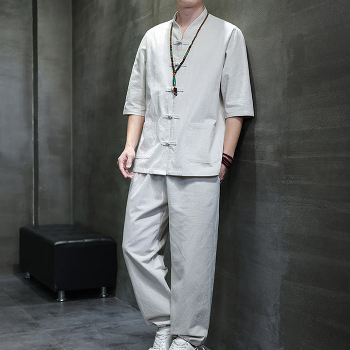 Buddha Stones 2Pcs Tang Suit Frog-Button Design Shirt Pants With Pockets Men's Cotton Linen Meditation Cloth Set - Snow - US/UK/AU46,EU56 (5XL) - image 21