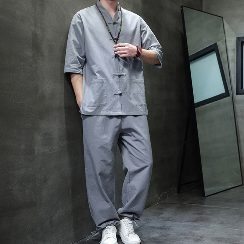 Buddha Stones 2Pcs Tang Suit Frog-Button Design Shirt Pants With Pockets Men's Cotton Linen Meditation Cloth Set - image 33