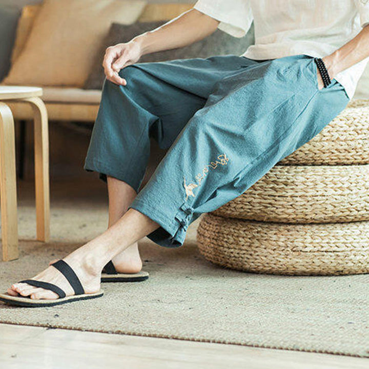 Buddha Stones Crane Embroidery Cotton Men's Cropped Harem Pants With Pockets - image 9