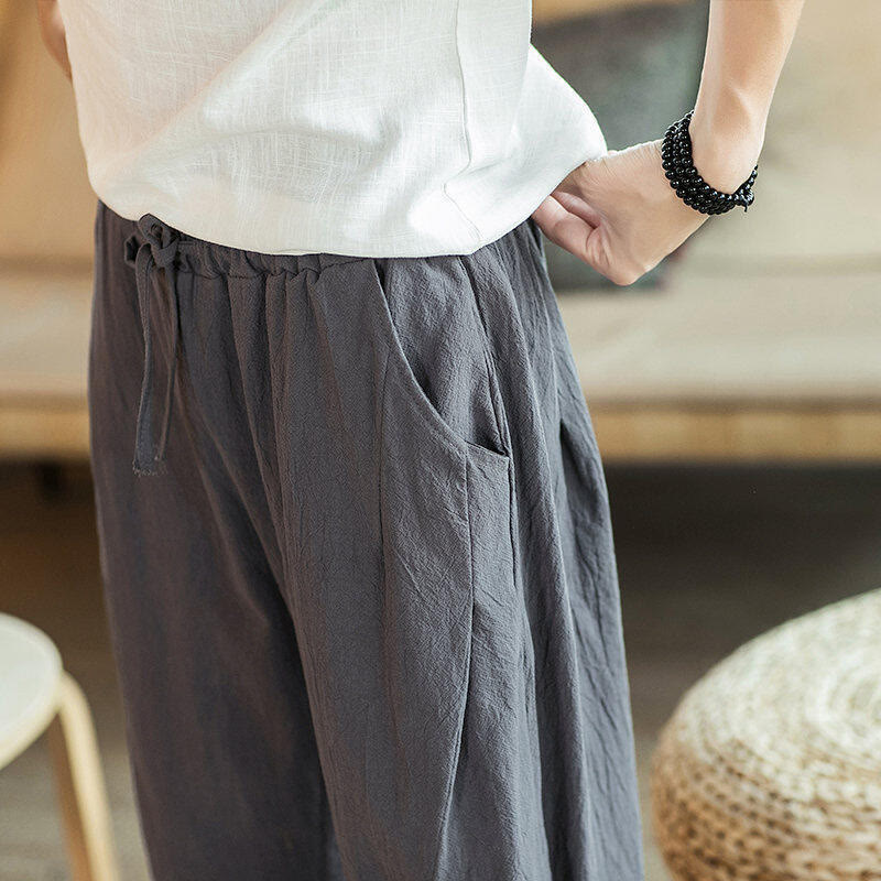 Buddha Stones Crane Embroidery Cotton Men's Cropped Harem Pants With Pockets - image 19