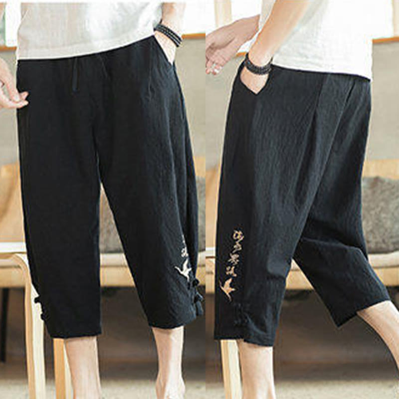 Buddha Stones Crane Embroidery Cotton Men's Cropped Harem Pants With Pockets - image 29