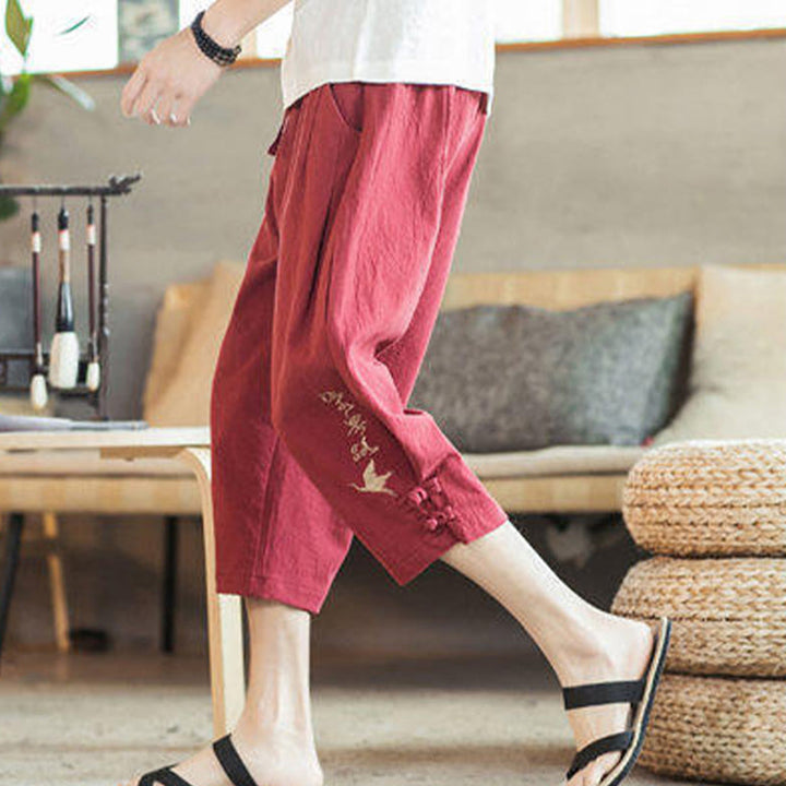 Buddha Stones Crane Embroidery Cotton Men's Cropped Harem Pants With Pockets - image 38