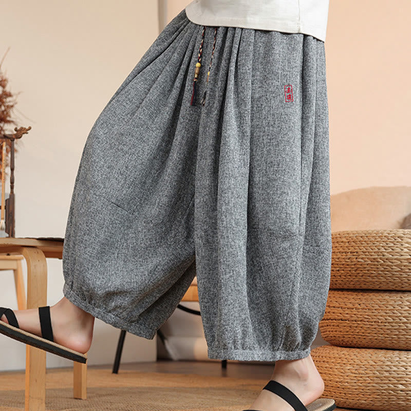 Buddha Stones Summer Characters Embroidery Drawstring Men's Cropped Ankle-Length Harem Pants With Pockets