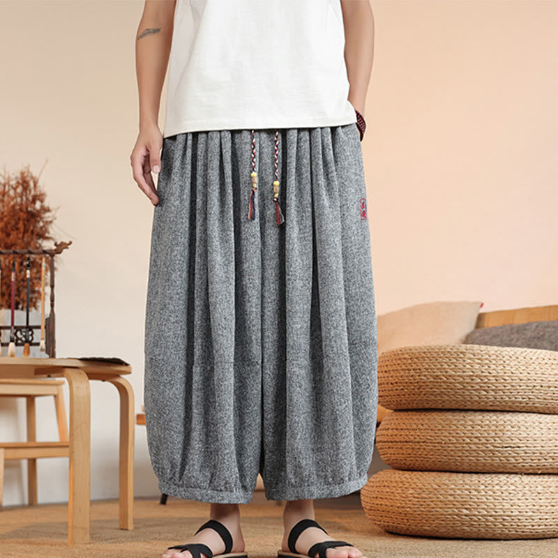 Buddha Stones Summer Characters Embroidery Drawstring Men's Cropped Ankle-Length Harem Pants With Pockets