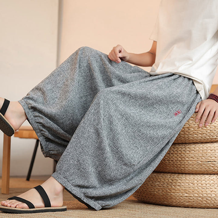 Buddha Stones Summer Characters Embroidery Drawstring Men's Cropped Ankle-Length Harem Pants With Pockets