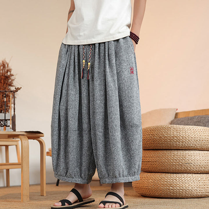 Buddha Stones Summer Characters Embroidery Drawstring Men's Cropped Ankle-Length Harem Pants With Pockets