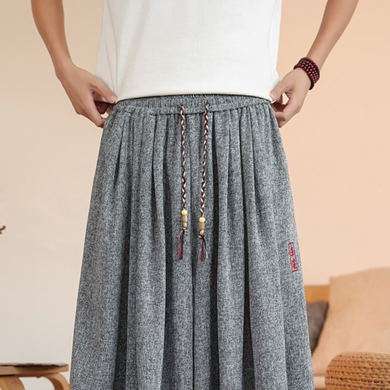 Buddha Stones Summer Characters Embroidery Drawstring Men's Cropped Ankle-Length Harem Pants With Pockets