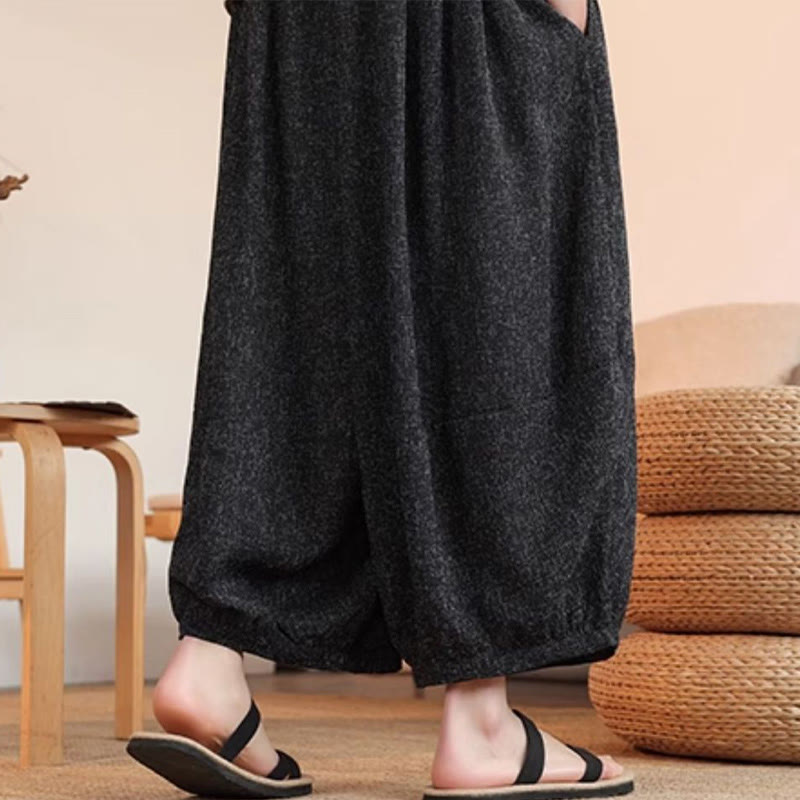 Buddha Stones Summer Characters Embroidery Drawstring Men's Cropped Ankle-Length Harem Pants With Pockets