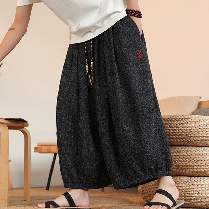 Buddha Stones Summer Characters Embroidery Drawstring Men's Cropped Ankle-Length Harem Pants With Pockets