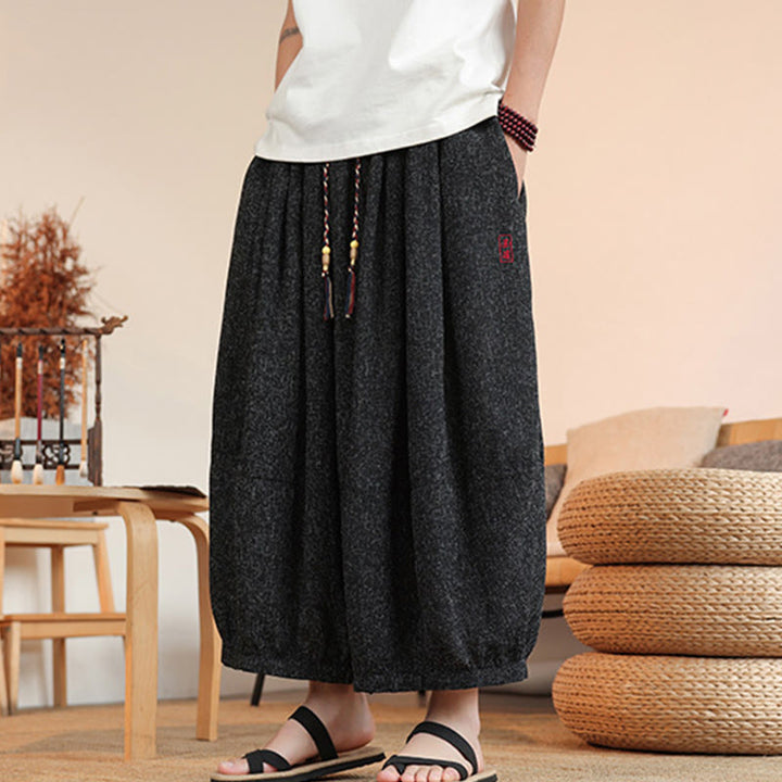 Buddha Stones Summer Characters Embroidery Drawstring Men's Cropped Ankle-Length Harem Pants With Pockets